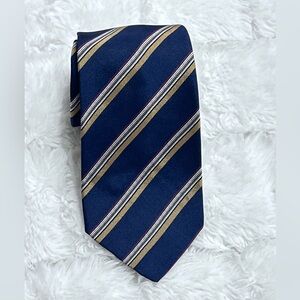 Atkinsons Silk Poplin Navy Gold White Stripe‎ Neck Tie 100% Silk Made in Ireland